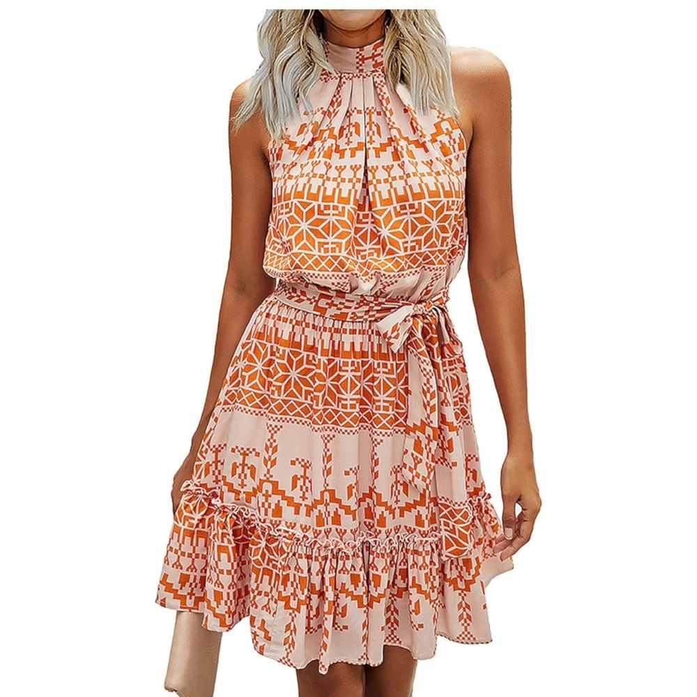 Boho Print Halter Sleeveless Belted Wedding Guest Dress